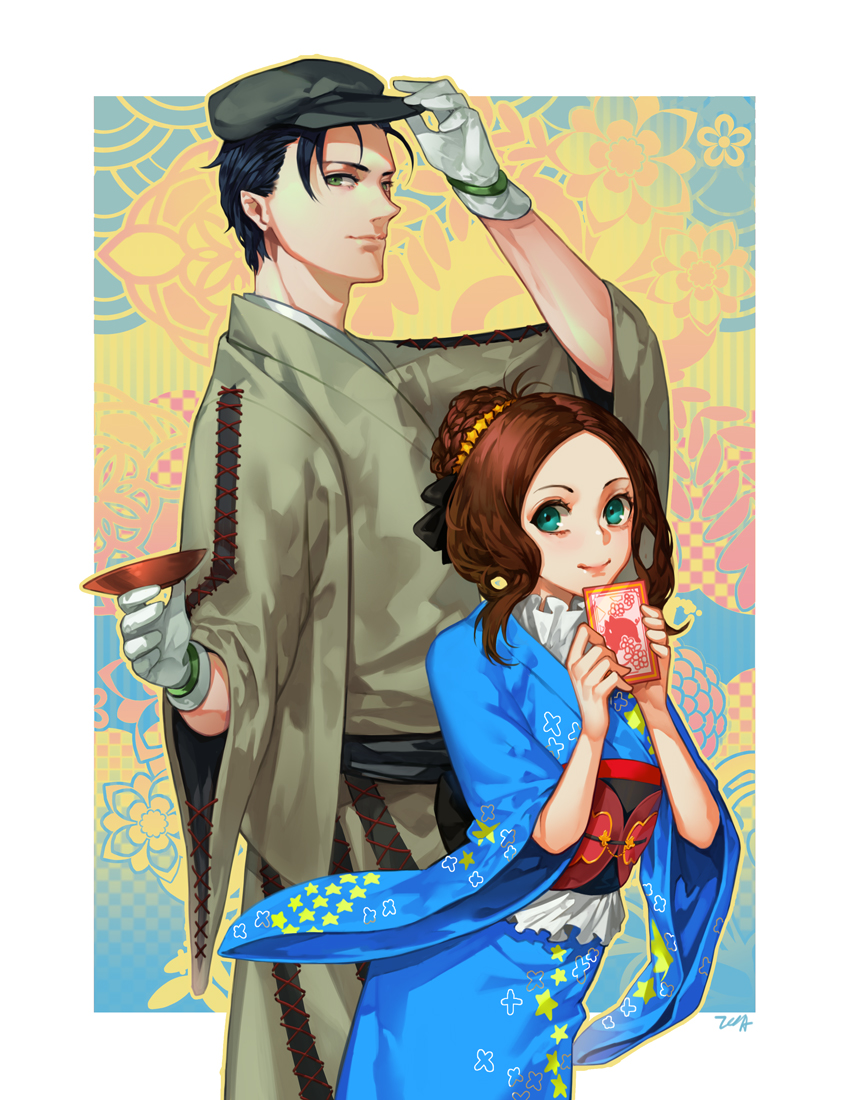 1boy, 1girl, alternate_costume, beige_kimono, black_hair, blue_eyes, blue_kimono, braid