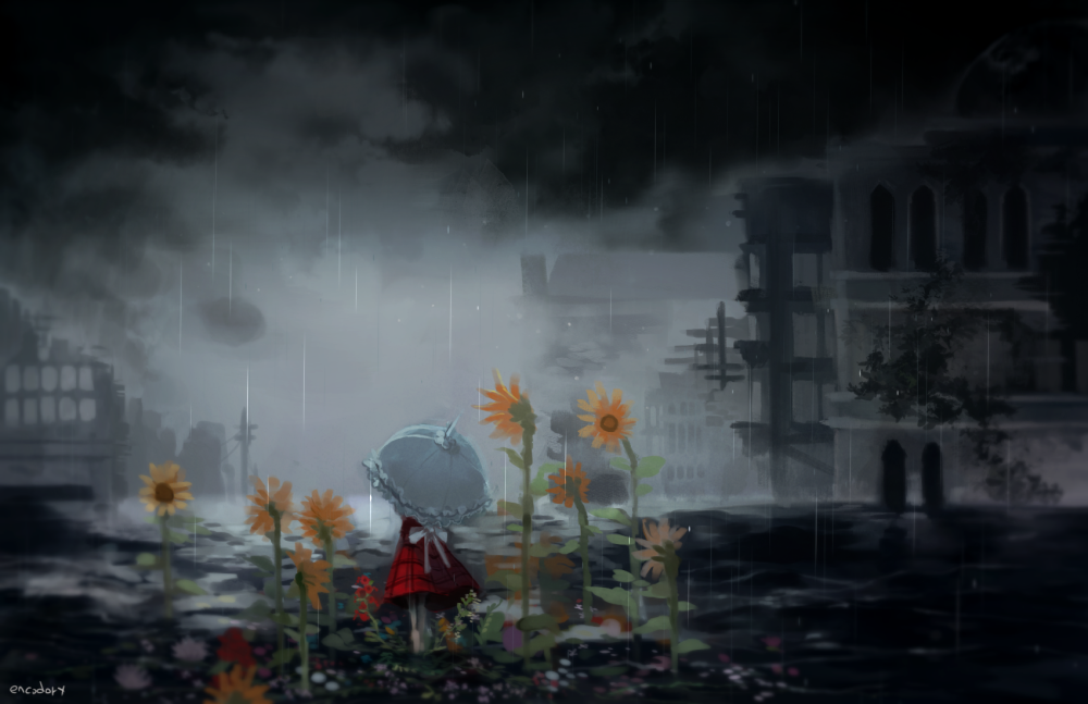 1girl, artist_name, black_clouds, black_sky, building, city, clouds, cloudy_sky, commentary_request, dark, encodory, flower, from_behind, green_hair, holding, holding_umbrella, kazami_yuuka, parasol, plaid, plaid_skirt, plaid_vest, power_pole, rain, red_skirt, red_vest, ruins, scenery, skirt, sky, solo, standing, sunflower, touhou, umbrella, vest
