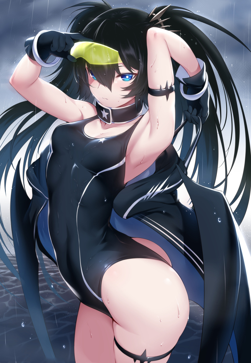 1girl, arched_back, armlet, armpits, arms_up, ass, black_gloves, black_hair