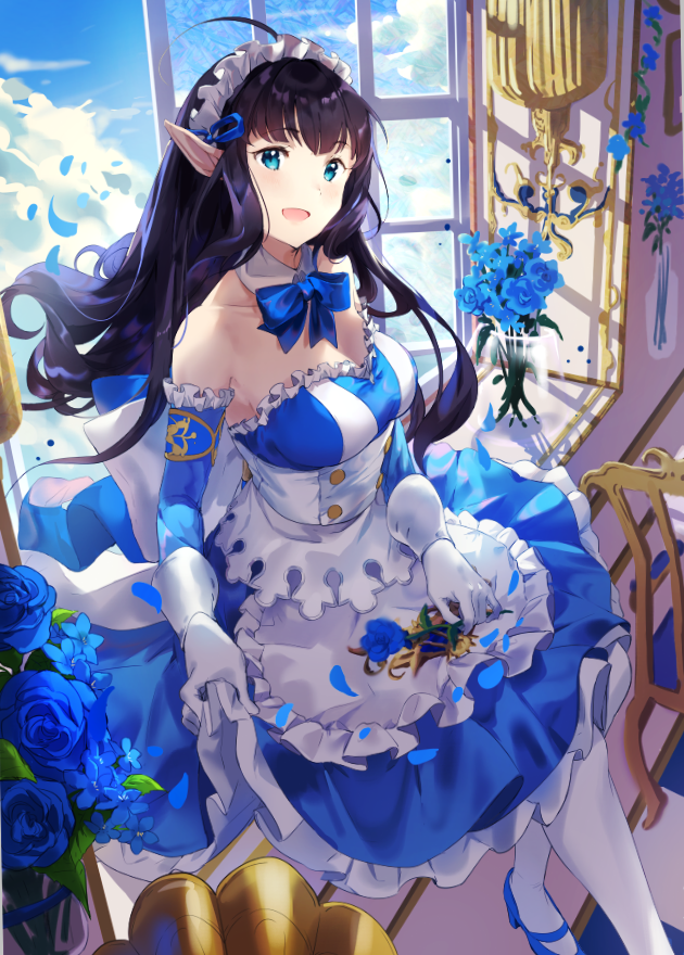 1girl, :d, ahoge, apron, bare_shoulders, black_hair, blue_dress, blue_eyes, blue_flower, blue_footwear, blue_neckwear, blue_sky, bow, bowtie, breasts, chair, cherim, clouds, collarbone, day, detached_collar, detached_sleeves, dress, elf, floating_hair, flower, frills, gloves, headdress, indoors, king's_raid, long_hair, looking_at_viewer, maid, mary_janes, medium_breasts, mirianne_(king's_raid), open_mouth, petals, pointy_ears, rose, shoes, sidelocks, sitting, sky, smile, solo, sunlight, vase, waist_apron, white_gloves, white_legwear, window