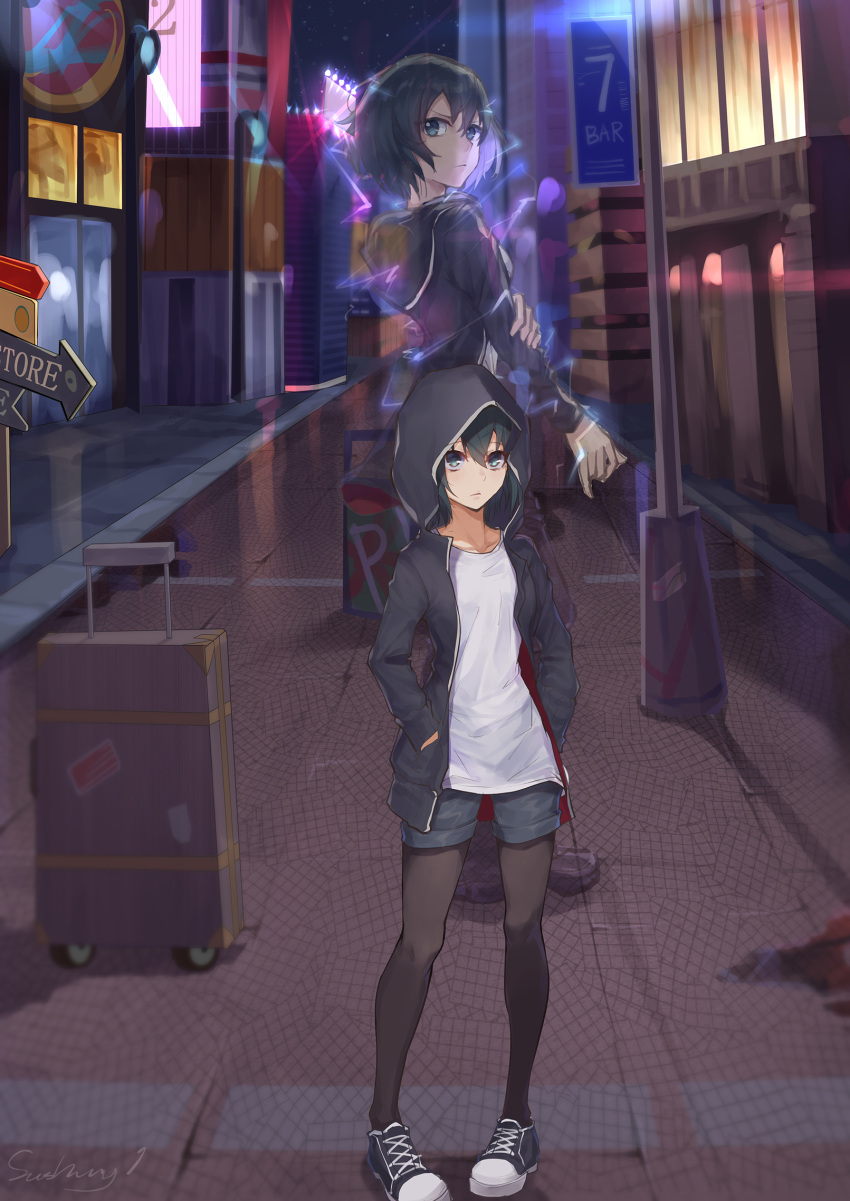 1girl, artist_name, backlighting, black_hair, black_jacket, black_legwear, city, collarbone