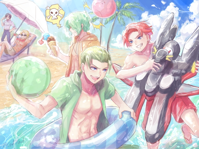 5boys, :d, auel_neider, ball, beach, blue_eyes, blue_sky, brown_shorts
