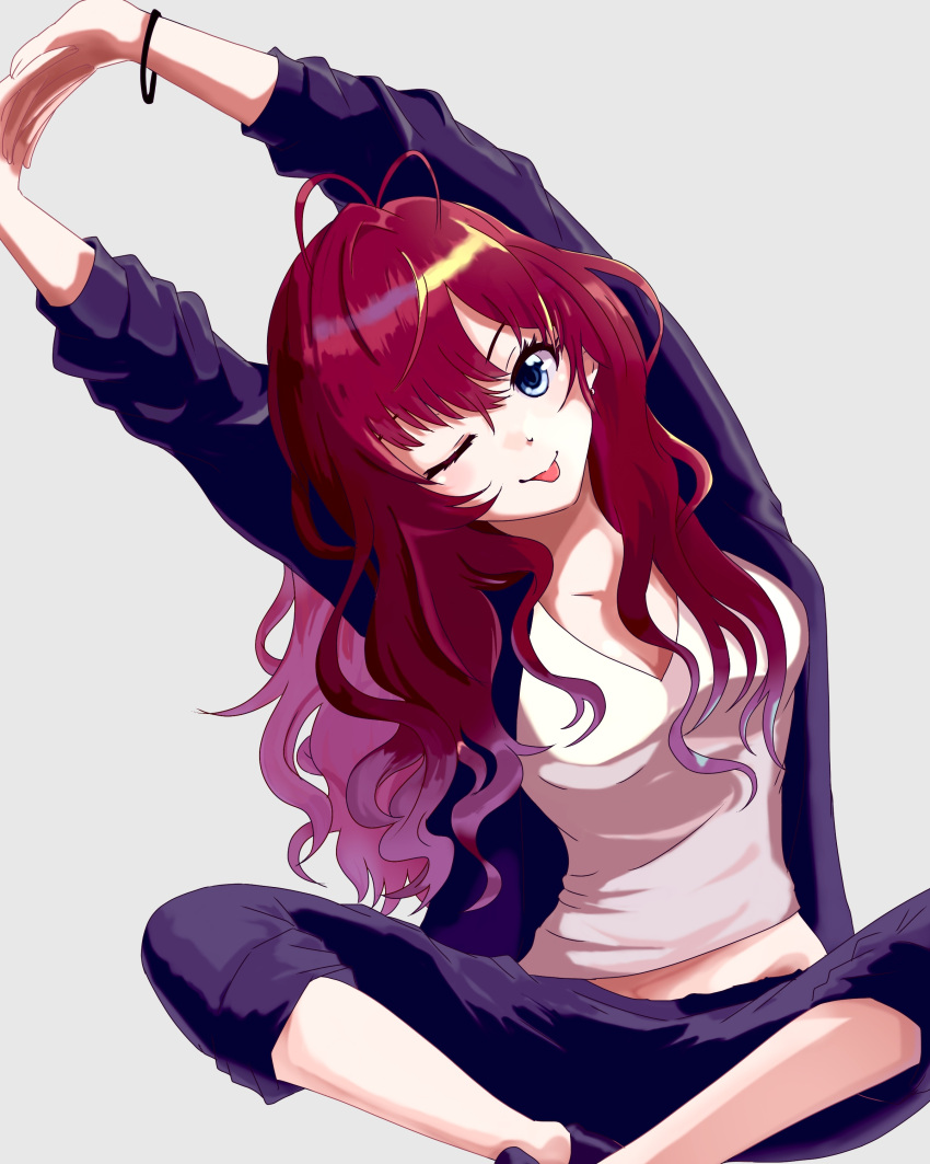 ;p, absurdres, arms_up, blue_eyes, blue_jacket, blue_pants, bracelet, breasts