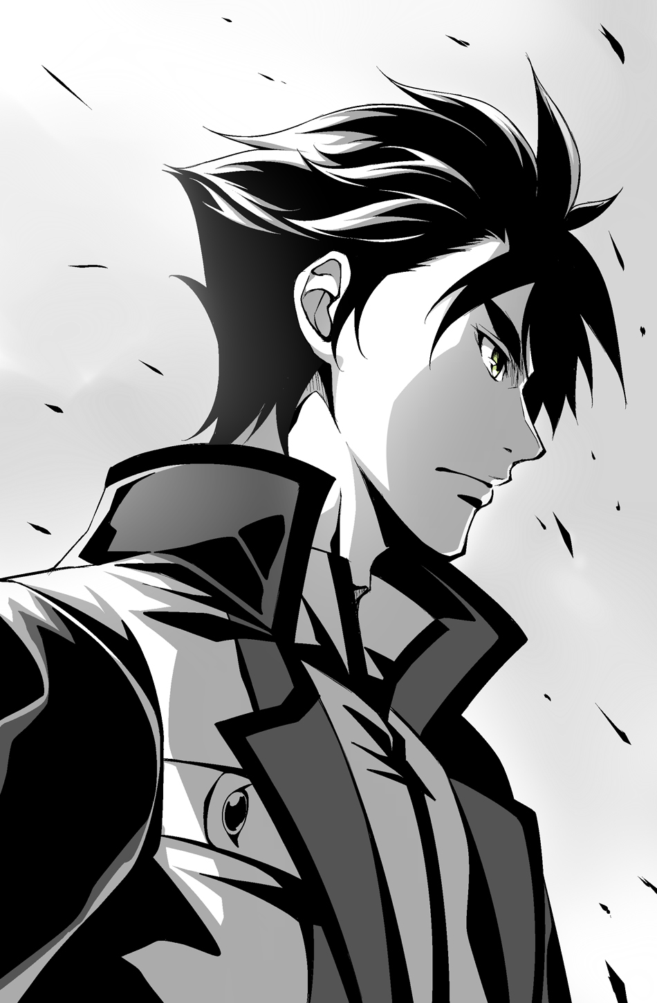 black_hair, god_eater, green_eyes, greyscale, highres, jacket, monochrome, simple_background