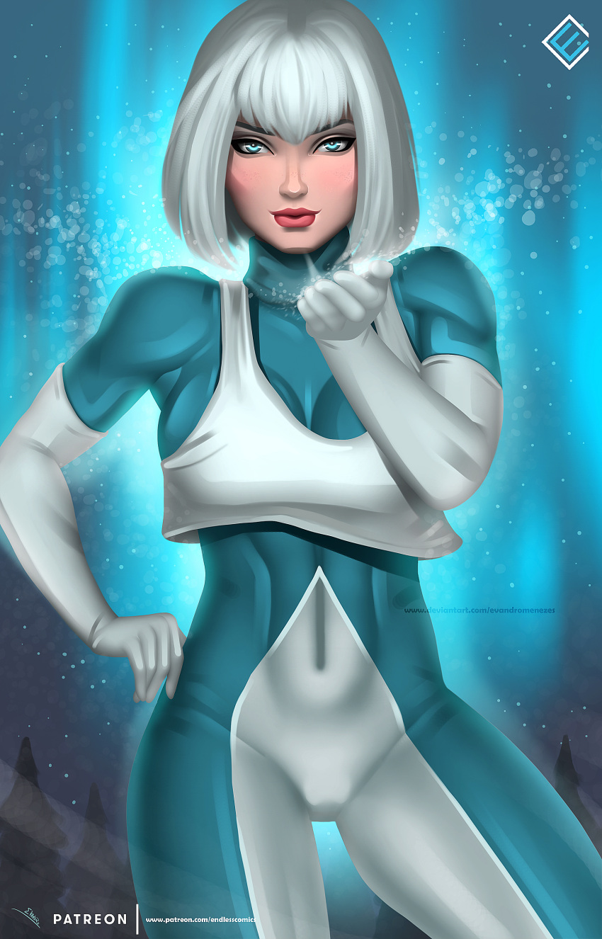 1girl, absurdres, artist_name, blue_eyes, bodysuit, covered_navel, dc_comics, evandro_menezes, freckles, gloves, highres, ice, ice_(dc_comics), justice_league, patreon_logo, patreon_username, snowing, solo, tora_olafsdotter, watermark, web_address, white_hair