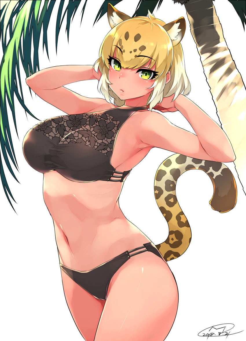 1girl, animal_ears, arms_behind_head, blonde_hair, cowboy_shot, dated, extra_ears, eyebrows_visible_through_hair