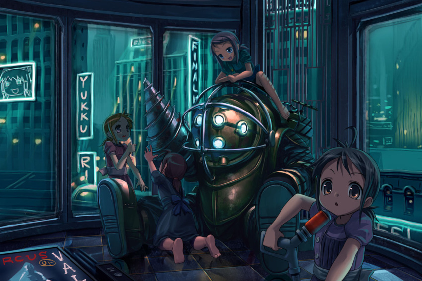 art_deco, barefoot, big_daddy, bioshock, black_hair, blonde_hair, brown_hair, child