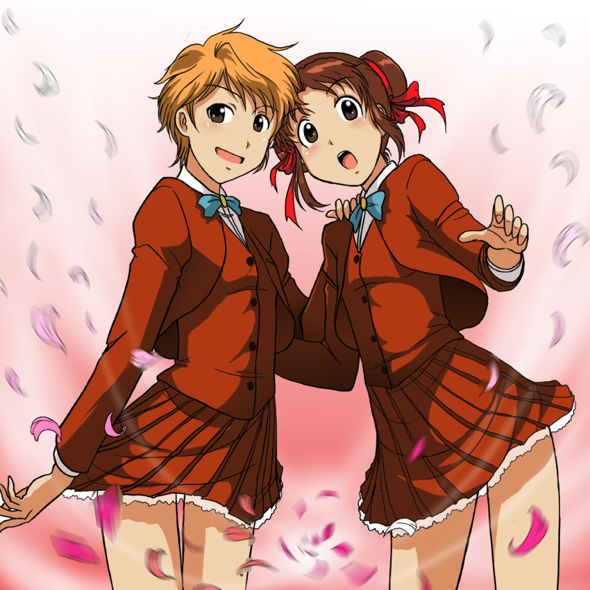 blazer, blonde_hair, brown_eyes, brown_hair, double_bun, double_buns, fushigi_yuugi, hair_ribbon