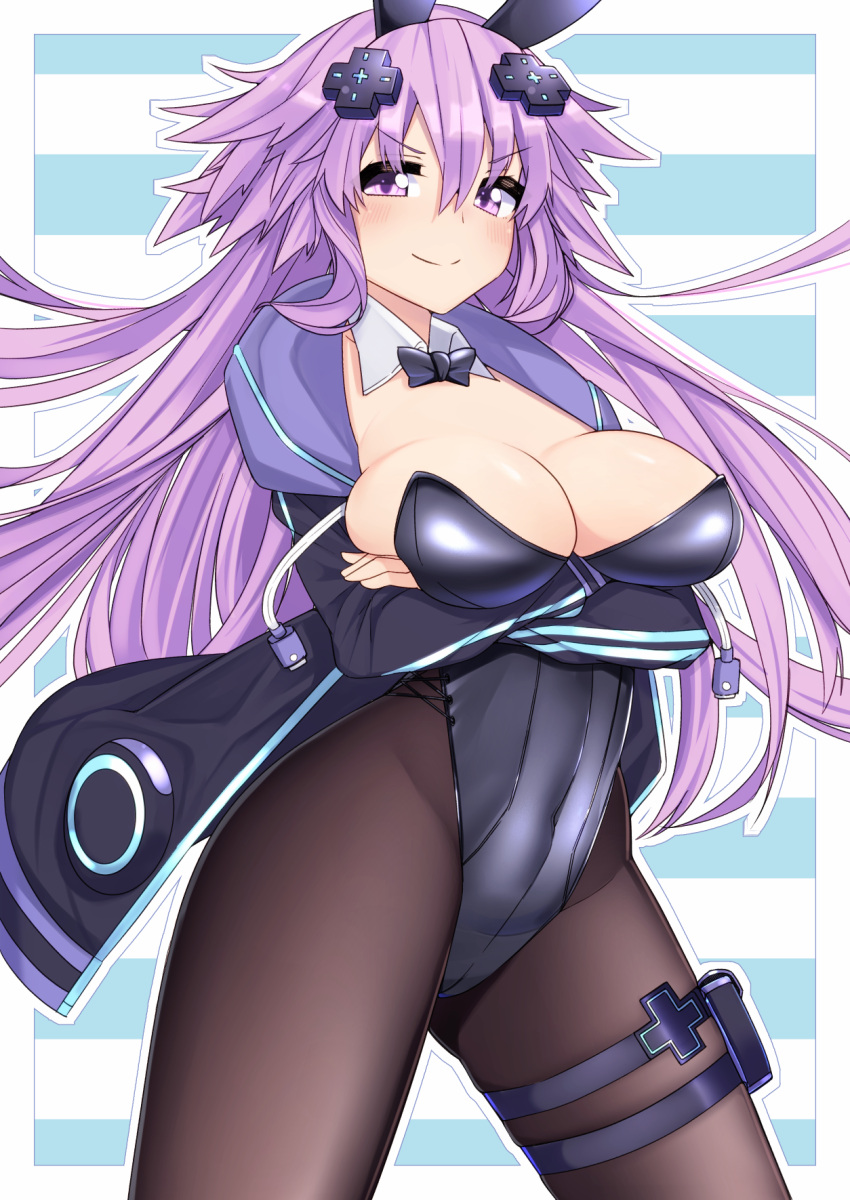 1girl, adult_neptune, animal_ears, arms_under_breasts, black_legwear, breasts, bunnysuit, covered_navel