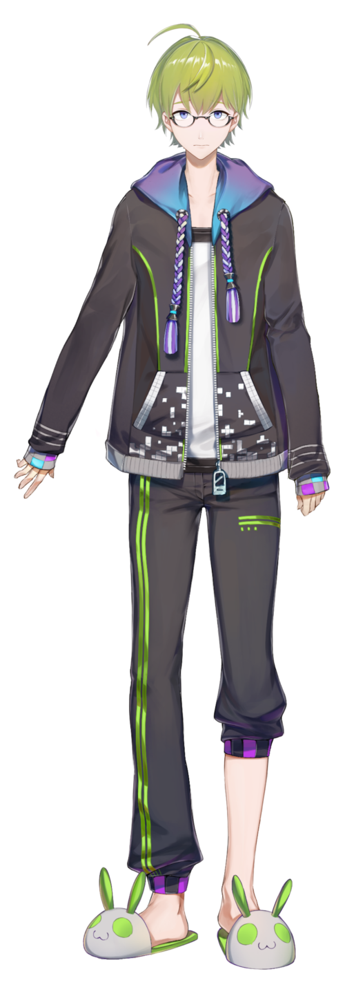 1boy, ahoge, animal_slippers, bangs, black_jacket, black_pants, blue_eyes, bunny_slippers