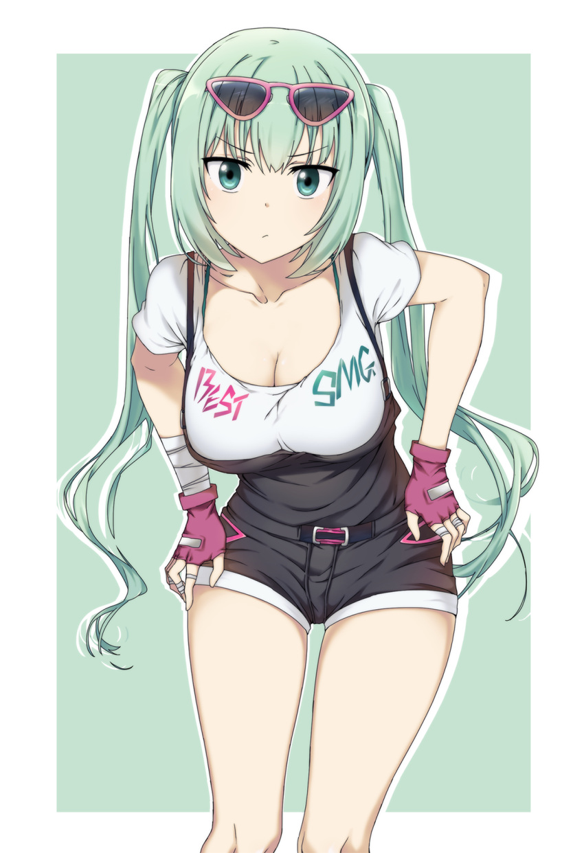 1girl, bandage, bandaged_arm, bandages, breasts, cleavage, commentary, english_text