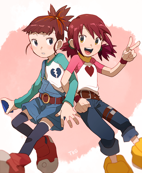 belt, black_legwear, broken_heart_print, brown_eyes, brown_hair, commentary_request, cosplay, costume_switch