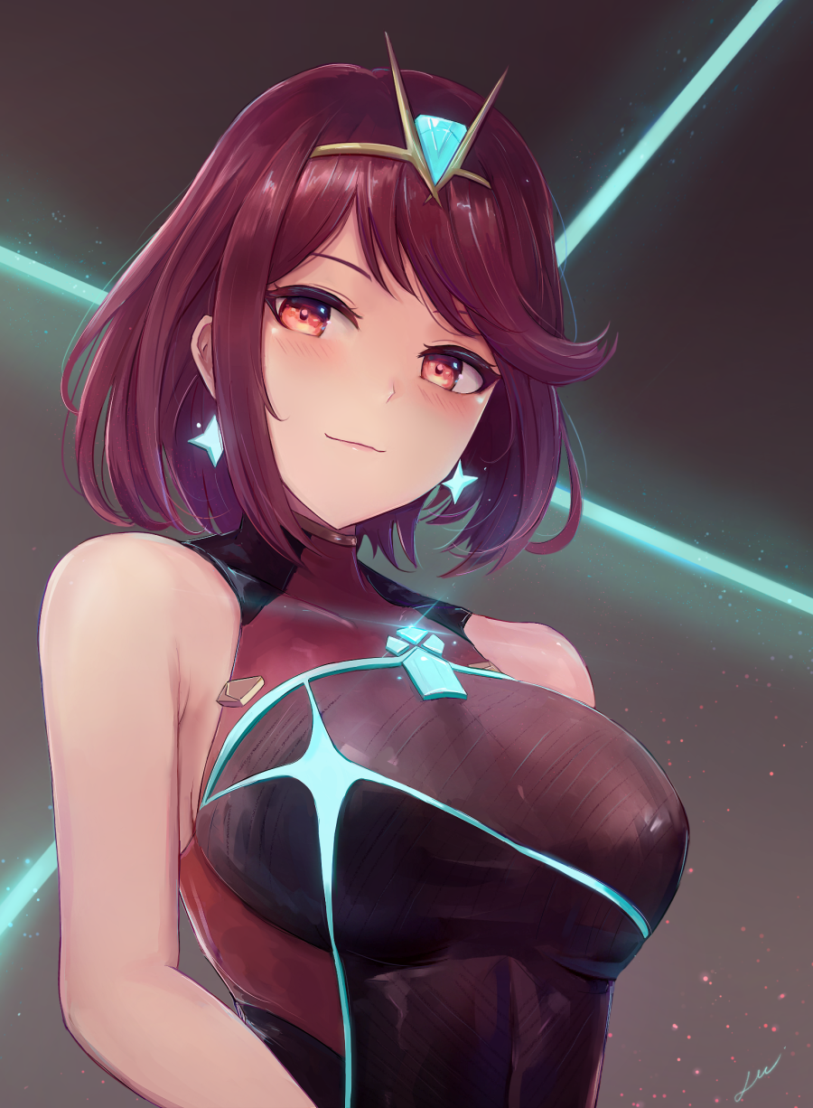 1girl, bangs, black_swimsuit, blush, breasts, competition_swimsuit, covered_navel, earrings