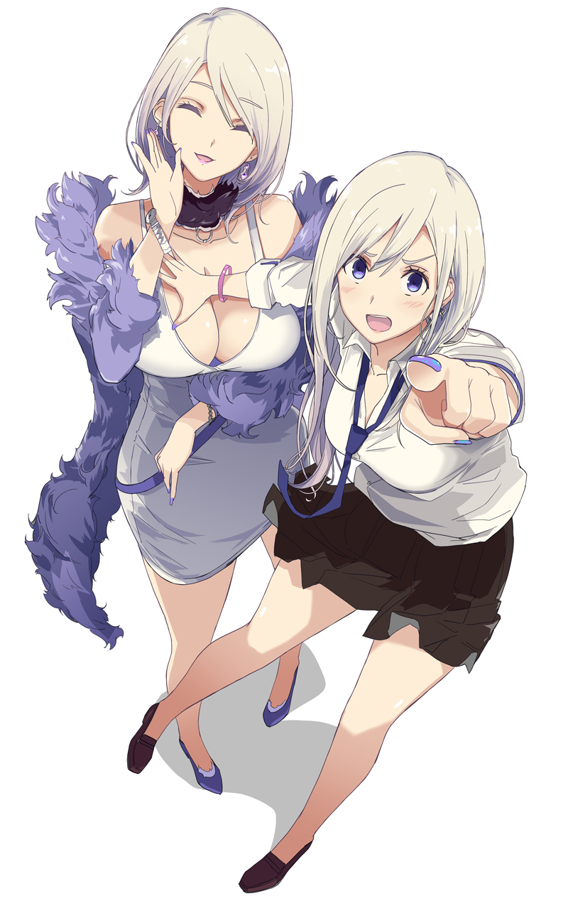 2girls, bangs, bare_shoulders, black_skirt, blue_eyes, breasts, cleavage, closed_eyes