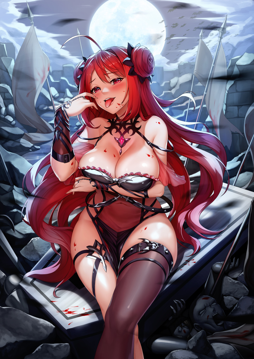 1girl, :d, :p, absurdres, ahoge, arm_under_breasts, asymmetrical_gloves, bare_shoulders, bat, belt, blood, blush, bow, breasts, bridal_gauntlets, brown_legwear, choker, cleavage, coffin, double_bun, erze_(king's_raid), fangs, frills, full_moon, gloves, hair_ornament, hand_up, head_tilt, highres, huge_filesize, jai_(whany1998), king's_raid, large_breasts, legs_crossed, long_hair, looking_at_viewer, moon, night, open_mouth, outdoors, red_eyes, redhead, ruby_(gemstone), single_thighhigh, sitting, smile, solo, thigh-highs, thigh_strap, thighlet, tongue, tongue_out, very_long_hair