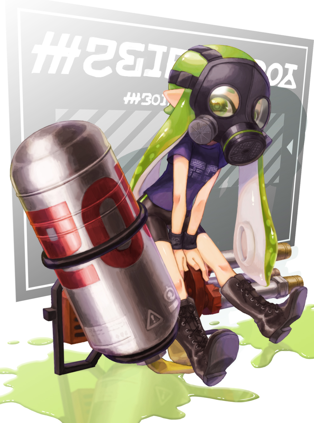1girl, bike_shorts, black_footwear, boots, cross-laced_footwear, domino_mask, full_body, gas_mask