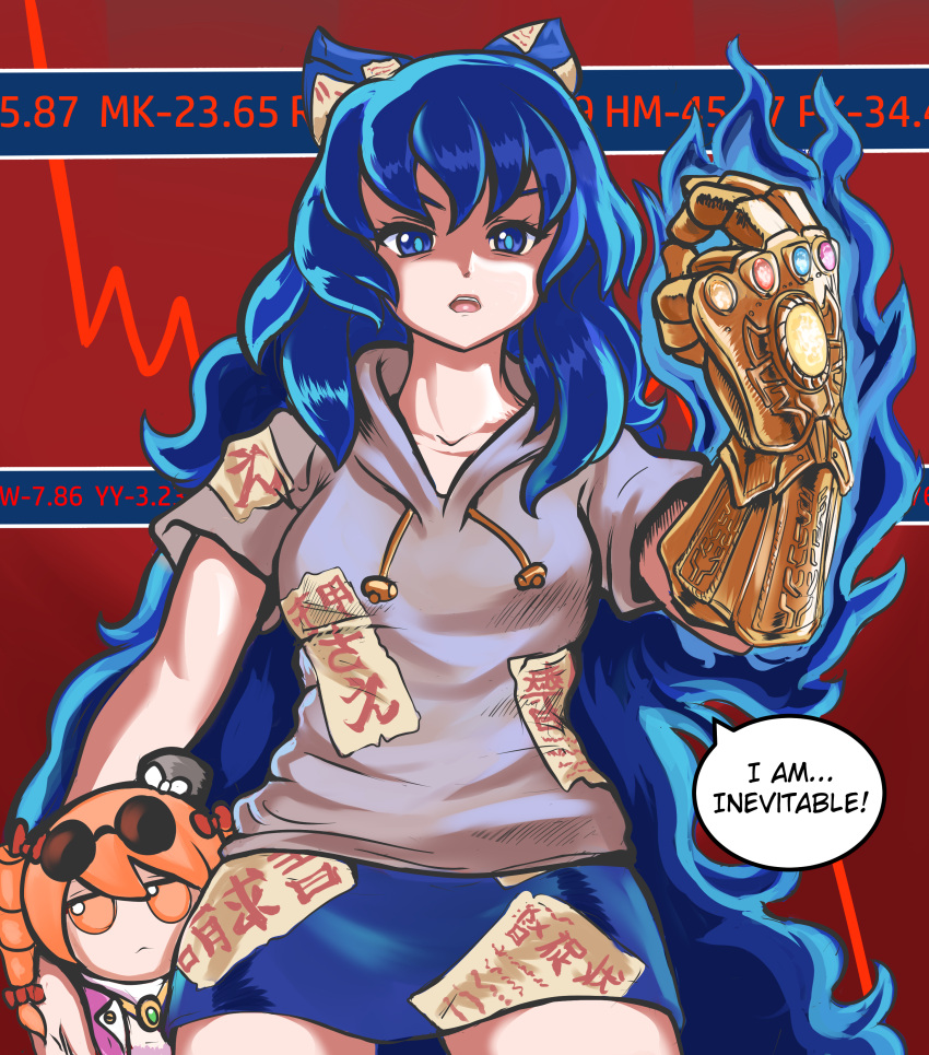 1girl, absurdres, aura, avengers:_infinity_war, bangs, black_headwear, blue_bow, blue_eyes, blue_hair, blue_skirt, bow, breasts, character_doll, coat, commentary, cowboy_shot, debt, doll, drawstring, dress, drill_hair, economy, english_commentary, english_text, eyewear_on_head, grey_hoodie, hair_bow, hat, hat_bow, highres, holding, holding_doll, hood, hoodie, infinity_gauntlet, jewelry, jitome, long_hair, looking_at_viewer, marvel, medium_breasts, mini_hat, mini_top_hat, miniskirt, open_clothes, open_coat, open_mouth, orange_eyes, orange_hair, pendant, profitshame, purple_coat, red_background, red_bow, short_hair, short_sleeves, skirt, solo, speech_bubble, standing, sunglasses, top_hat, touhou, twin_drills, twintails, very_long_hair, white_bow, white_dress, yorigami_jo'on, yorigami_shion