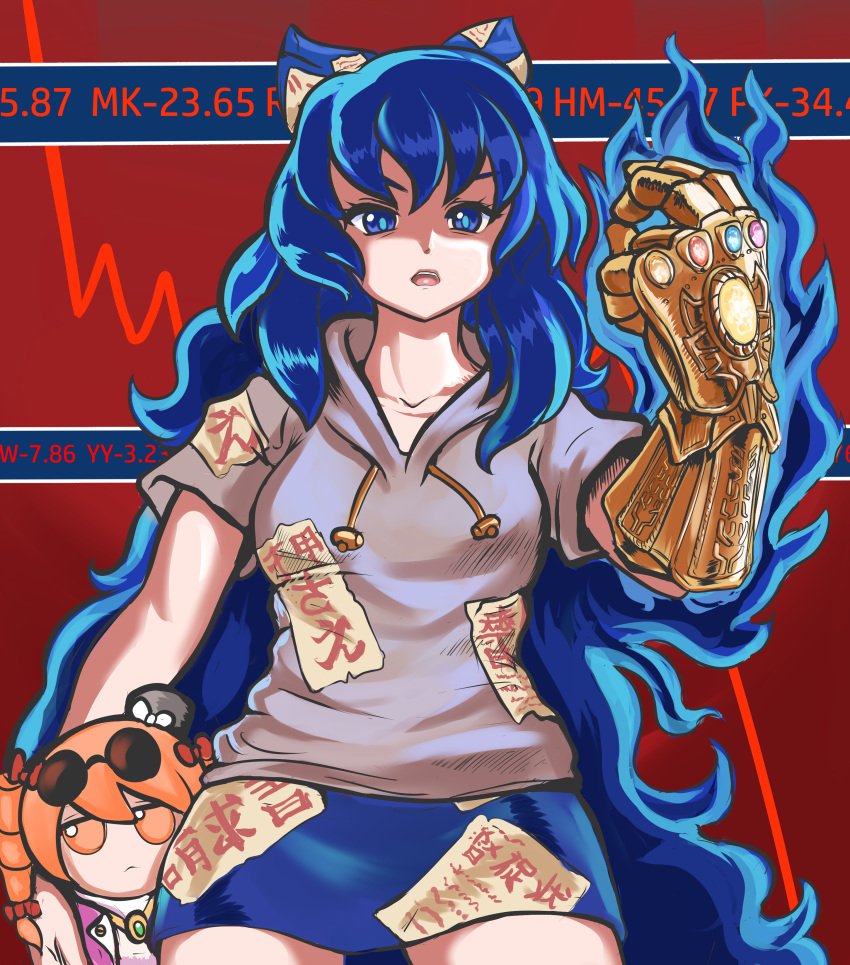 1girl, absurdres, aura, avengers:_infinity_war, bangs, black_headwear, blue_bow, blue_eyes