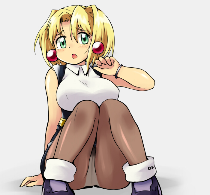 1girl, arm_behind_back, blonde_hair, bracelet, breasts, brown_legwear, collared_shirt, earrings, erect_nipples, eyebrows_visible_through_hair, furrowed_eyebrows, green_eyes, hand_up, jewelry, large_breasts, medarot, n36hoko, open_mouth, panties, panties_under_pantyhose, pantyhose, purple_footwear, satou_tamao, shadow, shirt, short_hair, sitting, solo, underbust, underwear, white_panties, white_shirt