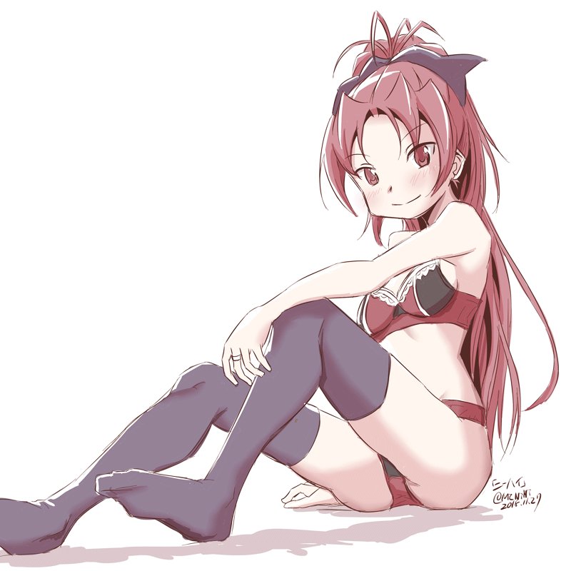 1girl, antenna_hair, black_legwear, blush, bra, breasts, cleavage, groin, lace, lace-trimmed_bra, long_hair, looking_at_viewer, mahou_shoujo_madoka_magica, mr_nini, panties, ponytail, red_bra, red_eyes, red_panties, redhead, sakura_kyouko, small_breasts, smile, solo, thigh-highs, thighs, twitter, underwear, underwear_only, white_background