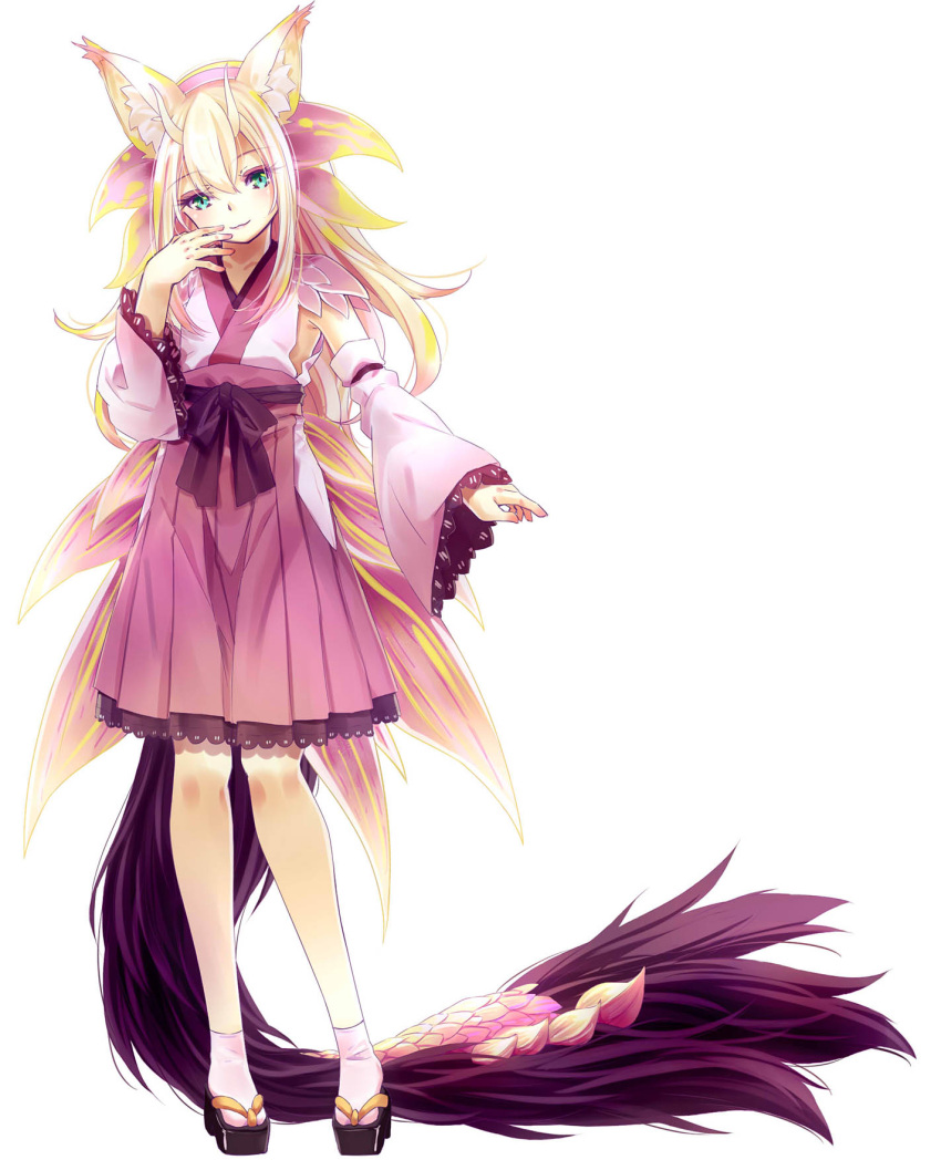1girl, 54hao, animal_ear_fluff, animal_ears, bangs, black_footwear, blonde_hair, brown_hakama