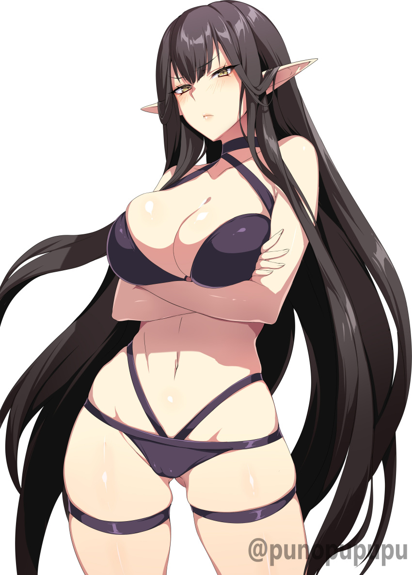 1girl, absurdres, alternate_costume, arms_under_breasts, artist_name, bikini, black_bikini, black_hair, blush, breasts, cleavage, closed_mouth, cowboy_shot, criss-cross_halter, crossed_arms, eyebrows_visible_through_hair, fanbox_reward, fate/apocrypha, fate_(series), gluteal_fold, halterneck, highres, large_breasts, lips, long_hair, multi-strapped_bikini, navel, paid_reward, pointy_ears, semiramis_(fate), sidelocks, simple_background, skindentation, solo, swimsuit, thigh_strap, very_long_hair, white_background, yellow_eyes, zeroshiki_kouichi