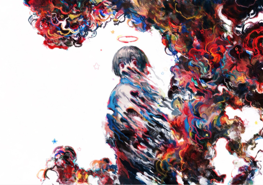 1boy, 666haorare666, abstract, bangs, colorful, cowboy_shot, dissolving, eyebrows_visible_through_hair