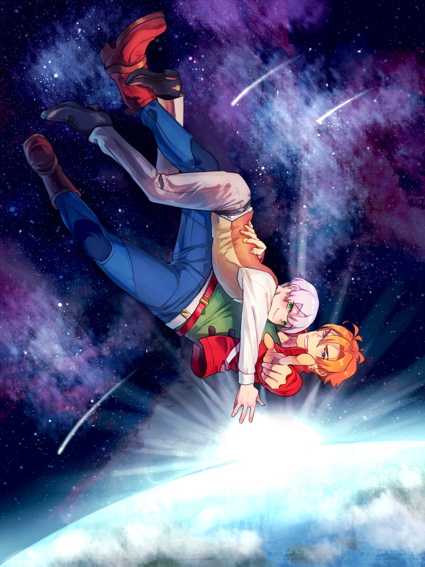 2boys, absurdres, belt, black_footwear, blue_eyes, blue_pants, blush, boots, denim, eyebrows_visible_through_hair, falling, green_eyes, green_shirt, grey_pants, hacchi_kita, hair_between_eyes, highres, hug, jacket, long_sleeves, looking_at_viewer, male_focus, multiple_boys, orange_hair, pants, pink_hair, planet, pointing, pointing_at_viewer, puttycandy, red_footwear, red_jacket, robby_yarge, robihachi, shirt, shoes, smile, space, star, vest, white_shirt, yaoi