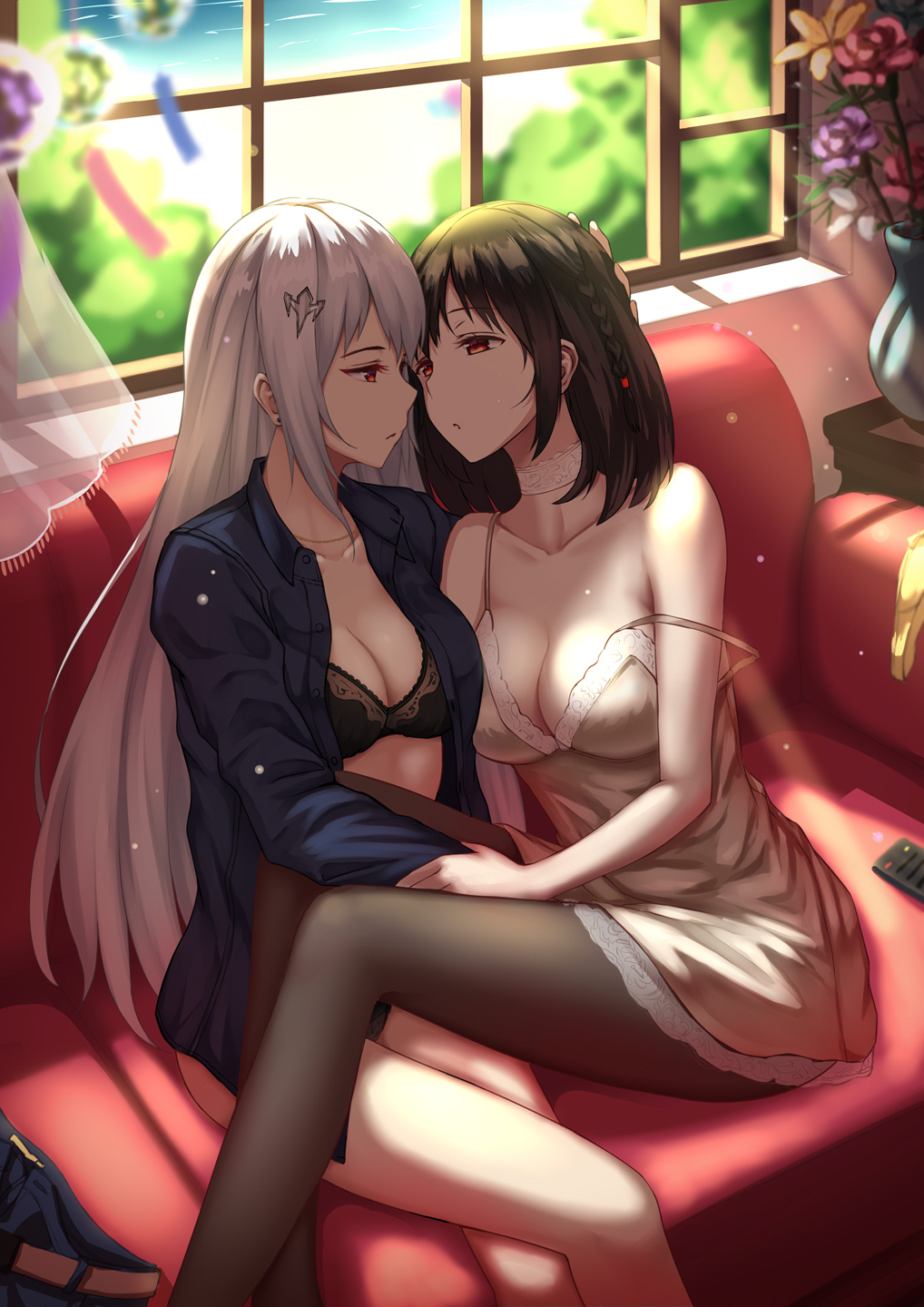 1girl, 2girls, bangs, bare_legs, black_bra, black_hair, black_legwear, black_shirt