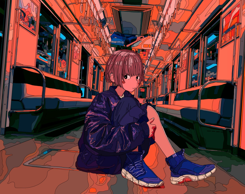 1girl, black_eyes, blue_footwear, blue_jacket, blue_pants, blush_stickers, brown_hair, closed_mouth, full_body, harusameriburo, highres, jacket, long_sleeves, looking_at_viewer, on_floor, original, pants, photo-referenced, seat, shoes, short_hair, sideways_glance, sitting, sitting_on_floor, smile, sneakers, solo, train_interior