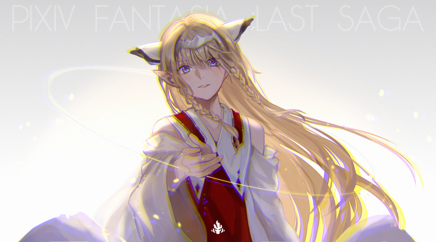1girl, achyue, blonde_hair, blue_eyes, braid, copyright_name, falia_the_queen_of_the_mountains, grey_background