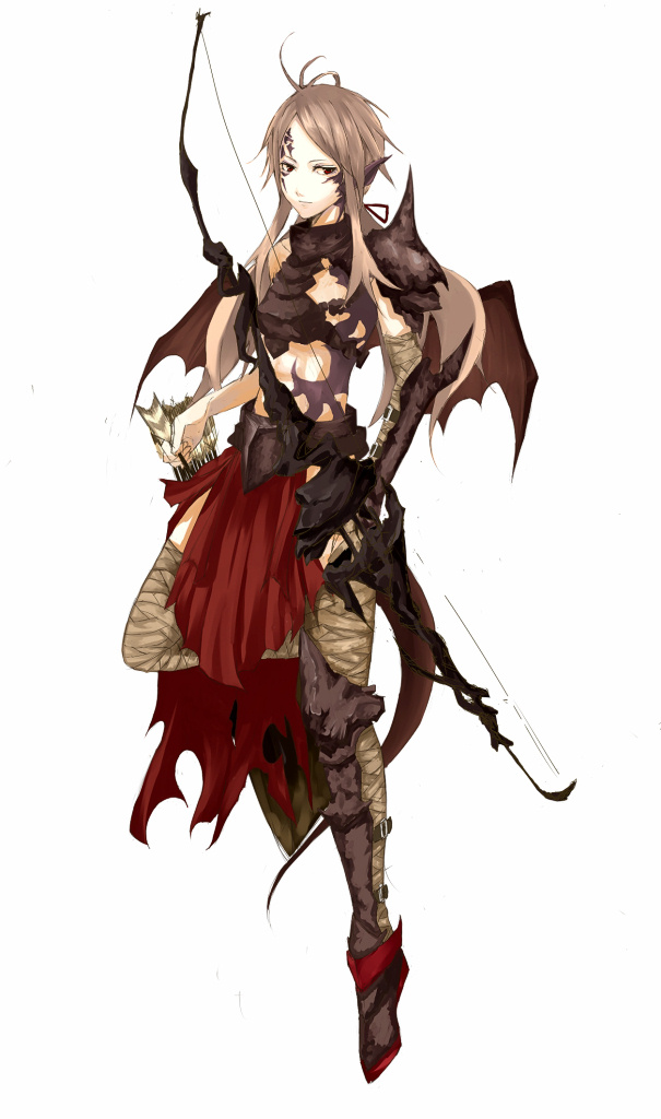 arrow, bandage, bandages, bow_(weapon), facial_mark, hair_ribbon, long_hair, lororo, original, pixiv, pixiv_fantasia, pixiv_fantasia_1, pointy_ears, ponytail, red_eyes, ribbon, silver_hair, simple_background, solo, tattoo, thigh-highs, thighhighs, weapon, wings