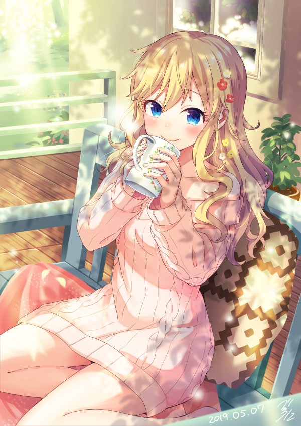 1girl, aran_sweater, bangs, bare_shoulders, barefoot, bekkourico, bench, blonde_hair