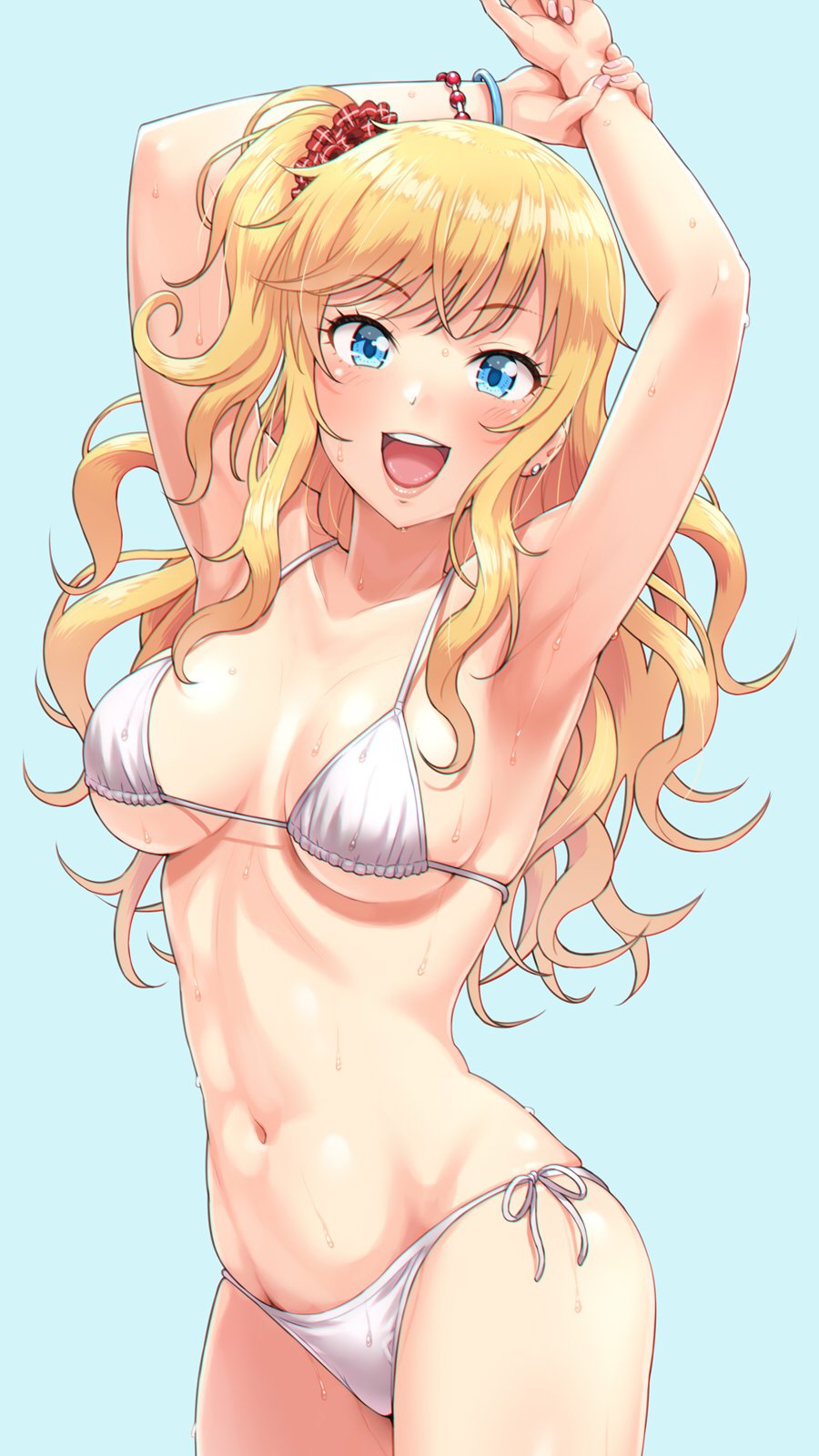 1girl, aqua_background, arms_behind_head, arms_up, bikini, blonde_hair, blue_eyes, bracelet