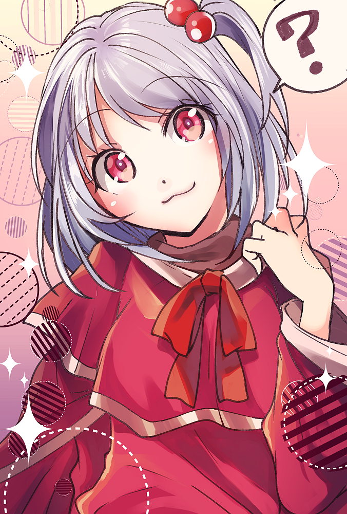 1girl, :3, ?, blush, bow, capelet, circle, dress