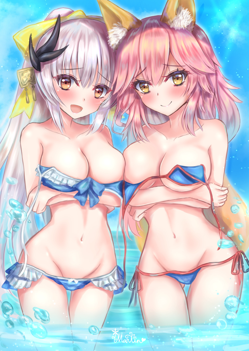 2girls, absurdres, animal_ear_fluff, animal_ears, bikini, blue_bikini, blush, bow