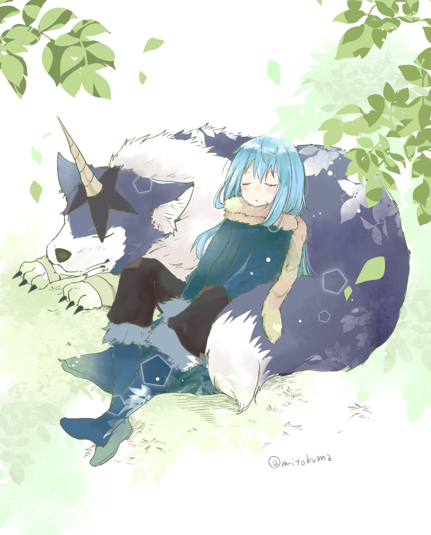 1other, :o, animal, bangs, black_pants, blue_footwear, blue_hair, blue_jacket, blush, closed_eyes, commentary_request, eyebrows_visible_through_hair, fur-trimmed_boots, fur-trimmed_sleeves, fur_trim, hair_between_eyes, highres, jacket, long_hair, mitoko_(kuma), pants, parted_lips, ranga_(tensei_shitara_slime_datta_ken), rimuru_tempest, sleeping, tensei_shitara_slime_datta_ken, twitter_username, wolf