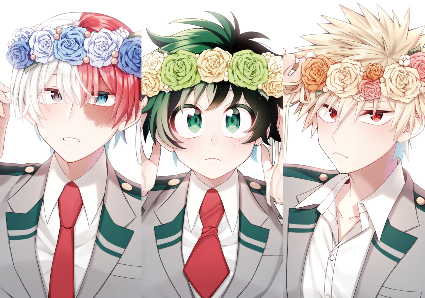 3boys, :<, absurdres, bakugou_katsuki, blonde_hair, blue_eyes, blue_flower, blush