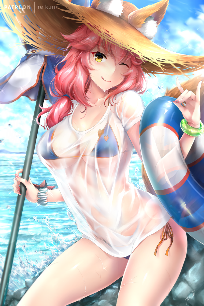 1girl, animal_ear_fluff, animal_ears, bangs, beach, beach_umbrella, bikini, blue_bikini