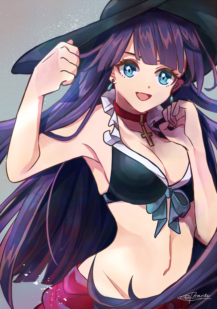 1girl, bangs, bare_shoulders, bikini, black_bikini_top, blue_eyes, blunt_bangs, breasts, choker, cleavage, collarbone, cross, earrings, fate/grand_order, fate_(series), frilled_bikini, frills, hachimitsu_monte, hat, jewelry, large_breasts, latin_cross, long_hair, looking_at_viewer, navel, open_mouth, purple_hair, saint_martha, saint_martha_(swimsuit_ruler)_(fate), sarong, signature, smile, solo, straight_hair, sun_hat, swimsuit