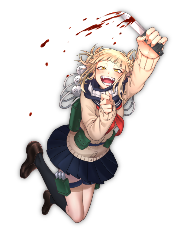1girl, bangs, beige_cardigan, black_legwear, blonde_hair, blood, blue_skirt, blunt_bangs, blush, boku_no_hero_academia, breasts, brown_footwear, cardigan, commentary_request, double_bun, eyebrows_visible_through_hair, fangs, holding, holding_knife, kneehighs, knife, kokuro_(kosyari), long_sleeves, looking_at_viewer, messy_hair, open_mouth, pleated_skirt, scarf, school_uniform, serafuku, shoes, short_hair, simple_background, skirt, smile, solo, teeth, toga_himiko, yellow_eyes