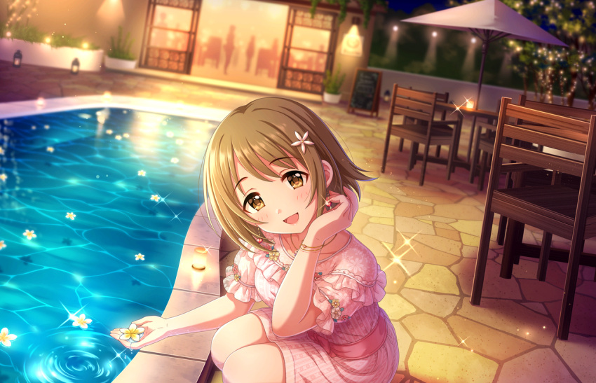 blush, brown-eyes, brown_hair, dress, idolmaster_cinderella_girls_starlight_stage, mimura_kanako, short_hair, smile