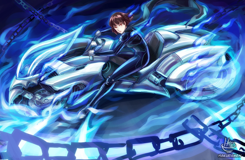 1girl, akira, black_bodysuit, blue_fire, bodysuit, brown_hair, catsuit, chains