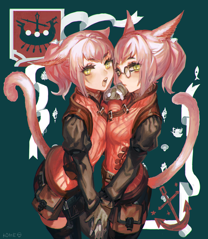 2girls, animal_ears, asymmetrical_docking, bangs, black_legwear, breast_press, breasts, cat_ears, cat_tail, closed_mouth, final_fantasy, final_fantasy_xiv, frischenq, glasses, gloves, hair_ribbon, hand_holding, long_sleeves, looking_at_viewer, medium_breasts, miqo'te, multiple_girls, n'delika, n'tanmo, open_mouth, pink_hair, puffy_long_sleeves, puffy_sleeves, ribbon, short_hair, short_ponytail, siblings, sisters, skirt, slit_pupils, small_breasts, tail, thigh-highs, twins