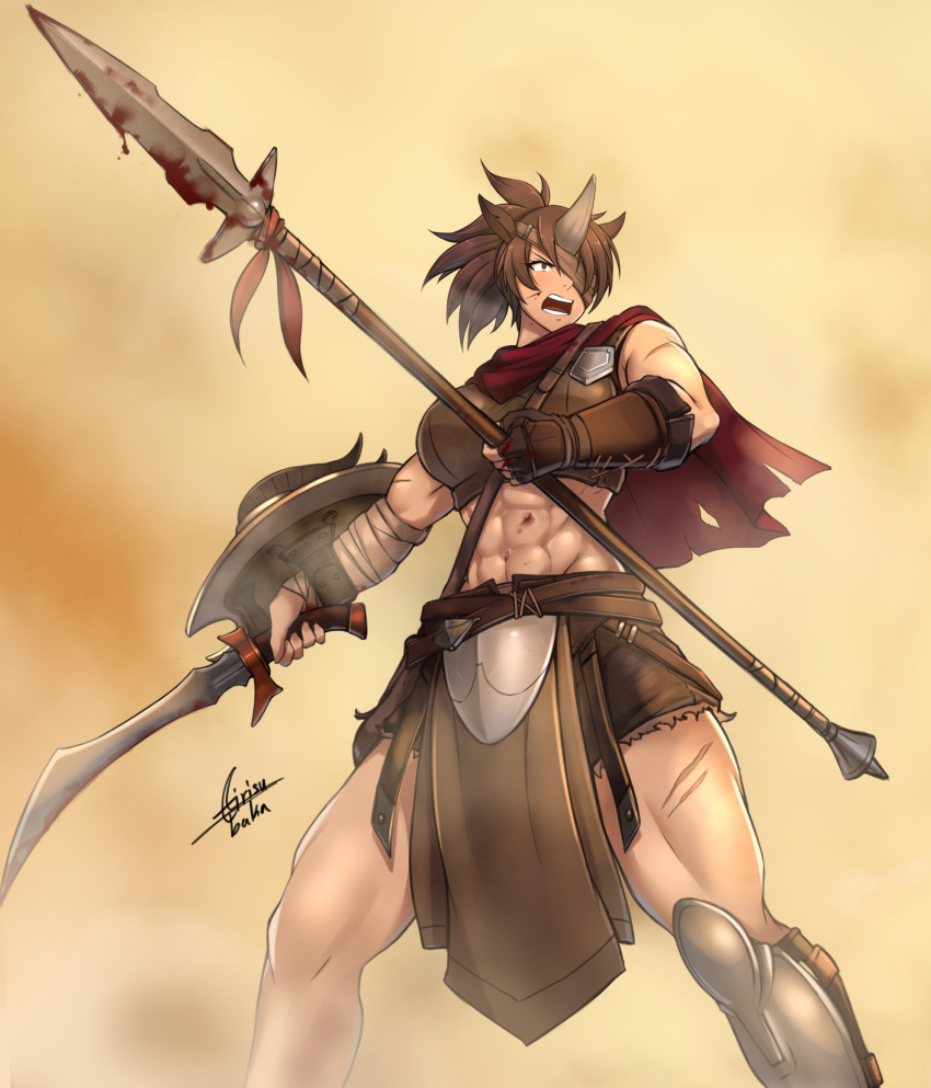 1girl, abs, airisubaka, animal_ears, artist_name, blood, bloody_weapon, brown_eyes