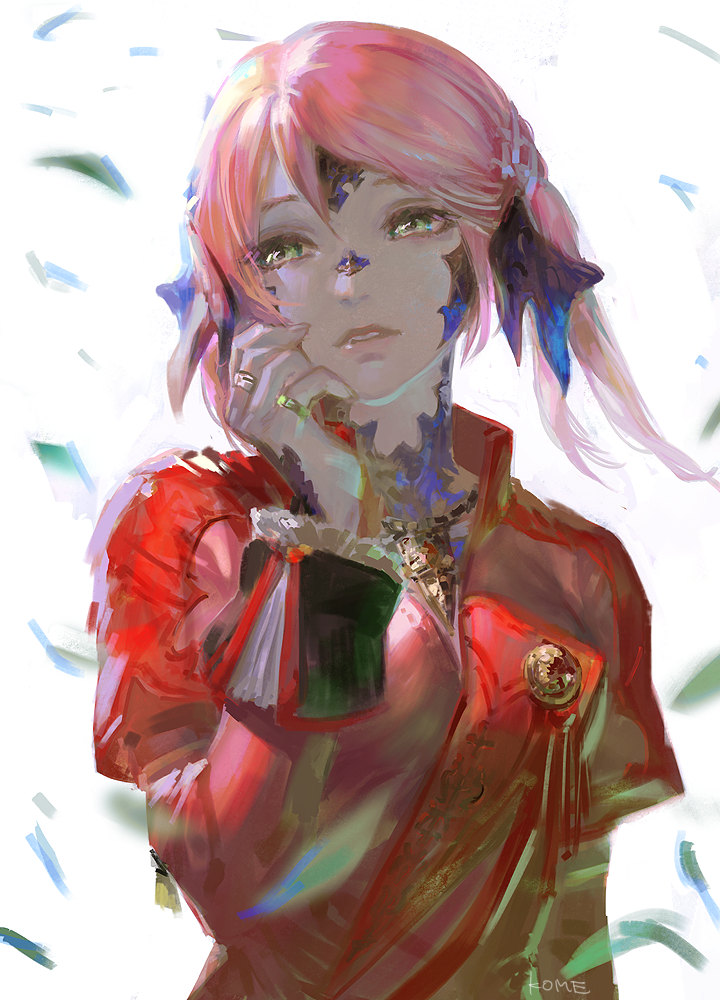 1girl, au_ra, bangs, blurry_foreground, cirina_mol, dragon_horns, facing_viewer, final_fantasy, final_fantasy_xiv, frischenq, green_eyes, hand_on_own_cheek, horns, jewelry, parted_lips, pink_hair, ring, scales, short_hair, simple_background, solo, swept_bangs, upper_body, white_background, wind