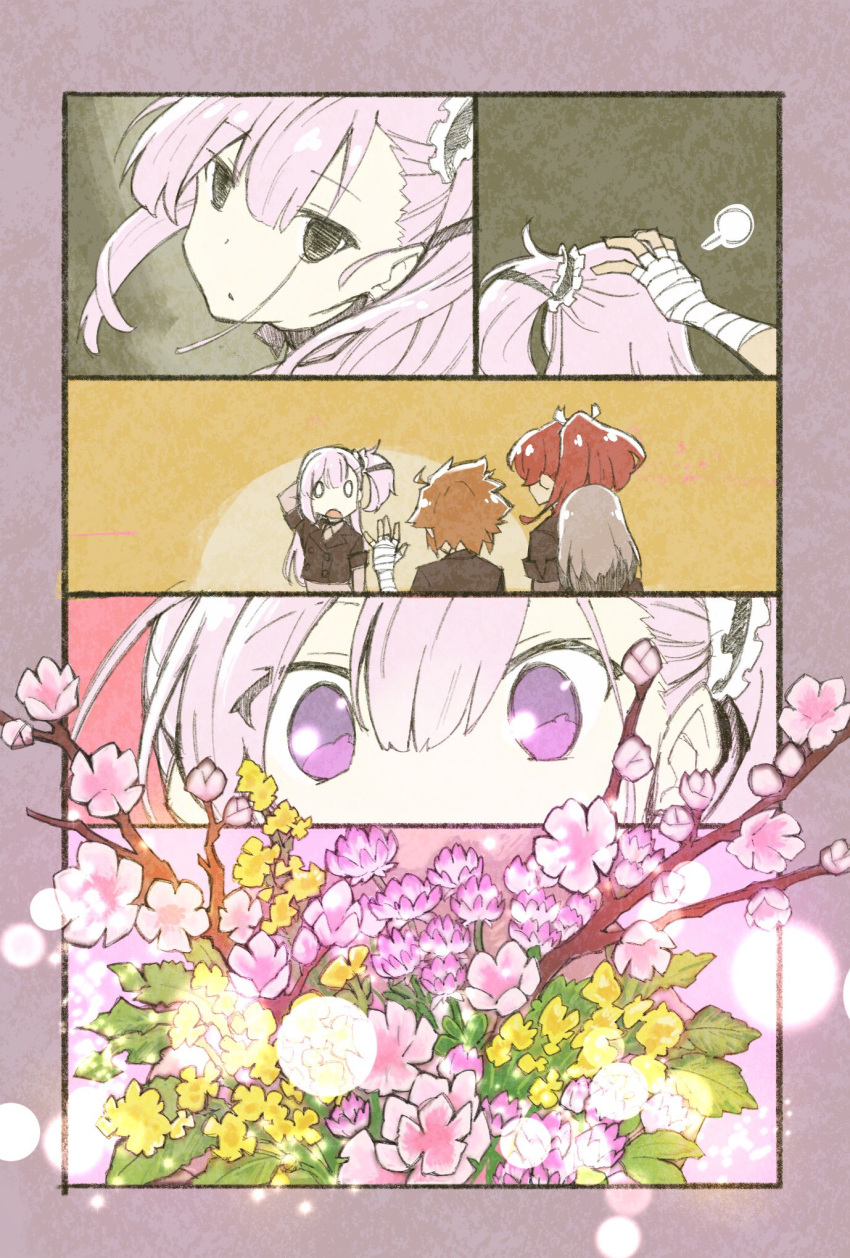4girls, bangs, bouquet, brown_hair, comic, empty_eyes, eyebrows_visible_through_hair, flower