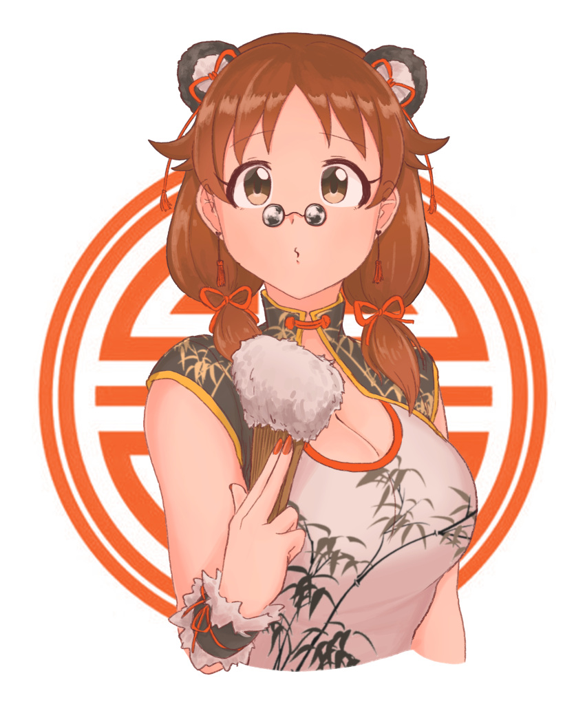 1girl, absurdres, bangs, breasts, brown_eyes, brown_hair, china_dress, chinese_clothes