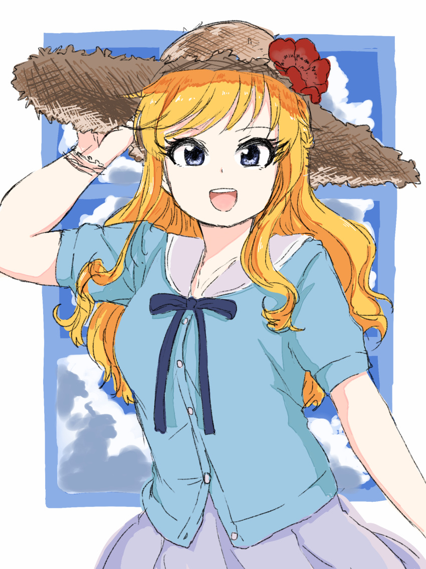 1girl, bangs, blonde_hair, blue_eyes, blue_shirt, breasts, cowboy_shot, flower
