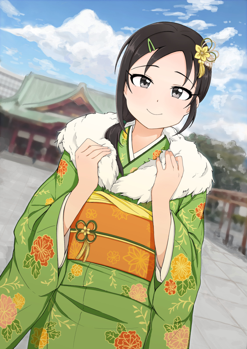 1girl, absurdres, black_hair, blue_sky, clouds, cloudy_sky, dutch_angle, floral_print